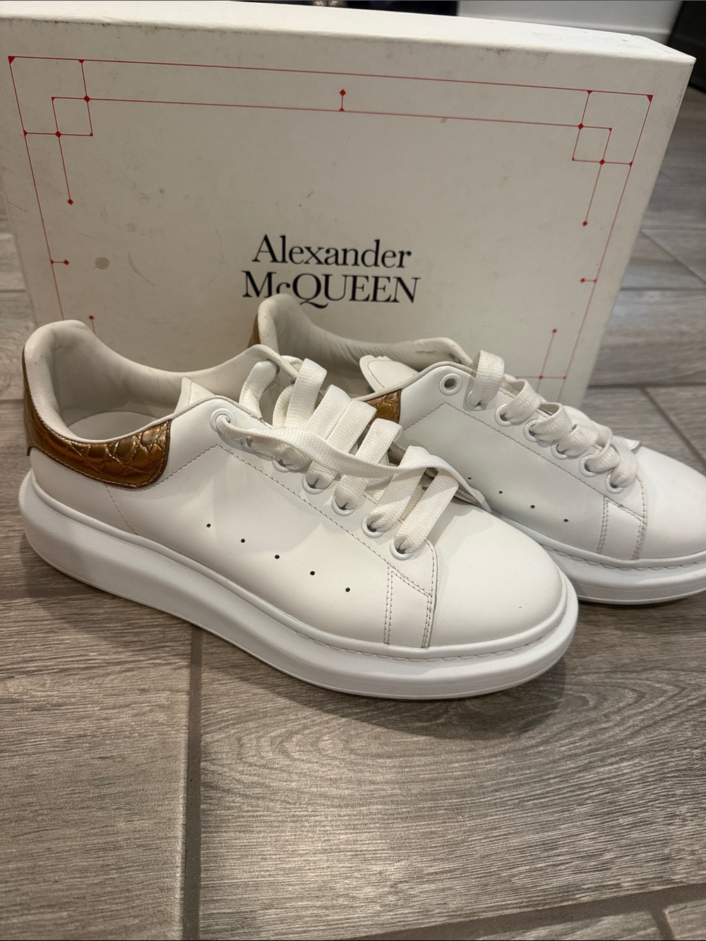 Alexander McQUEEN Men’s White Leather Sneakers with Metallic Brown Heel
